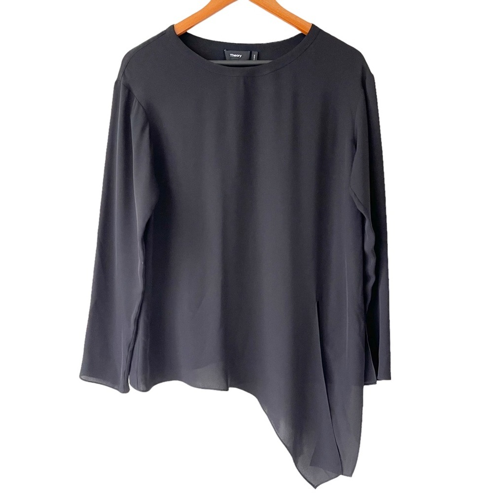 THEORY 100% Silk Tunic Blouse black‎ long sleeve asymmetrical